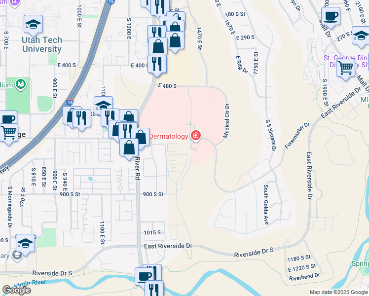 map of restaurants, bars, coffee shops, grocery stores, and more near 1424 Foremaster Drive in St. George