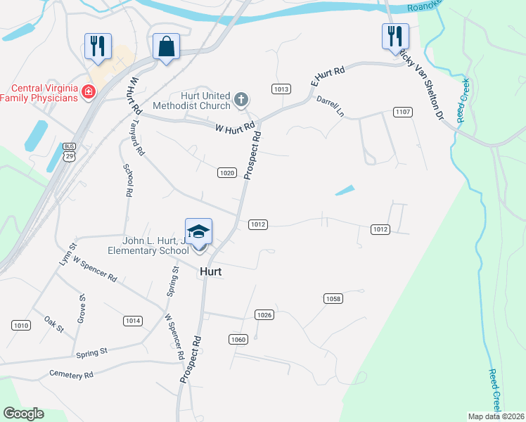 map of restaurants, bars, coffee shops, grocery stores, and more near 200 Dogwood Lane in Hurt