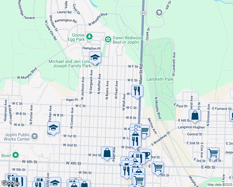 map of restaurants, bars, coffee shops, grocery stores, and more near 399 West D Street in Joplin