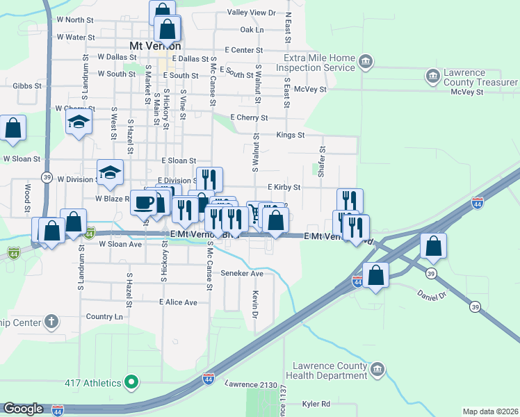 map of restaurants, bars, coffee shops, grocery stores, and more near 1006 Walnut Terrace in Mt Vernon