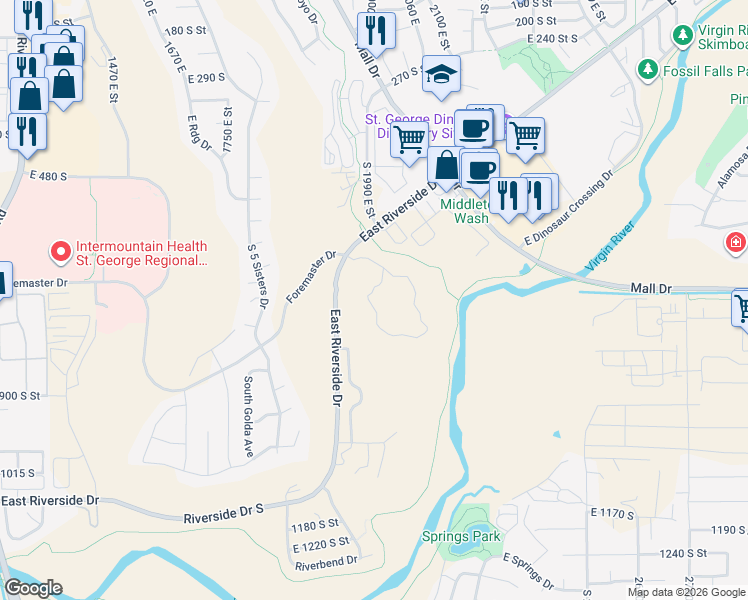 map of restaurants, bars, coffee shops, grocery stores, and more near 2012 E Riverside Dr in St George