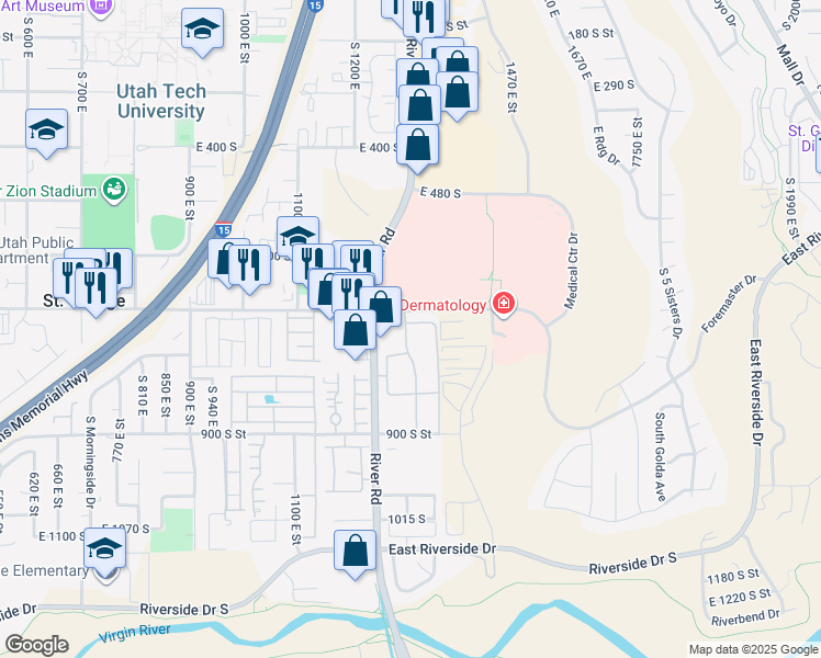 map of restaurants, bars, coffee shops, grocery stores, and more near 805 South River Road in St. George