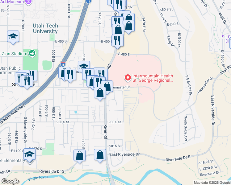 map of restaurants, bars, coffee shops, grocery stores, and more near 805 South River Road in St. George