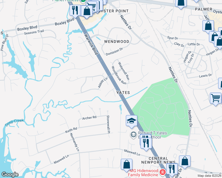 map of restaurants, bars, coffee shops, grocery stores, and more near 319 Charleston Way in Newport News