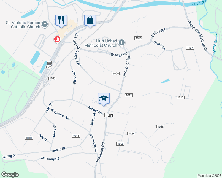 map of restaurants, bars, coffee shops, grocery stores, and more near 233 Tanyard Road in Hurt