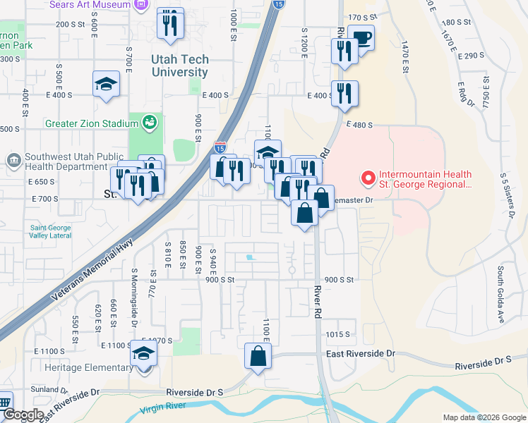 map of restaurants, bars, coffee shops, grocery stores, and more near 1090 East 700 South in St. George