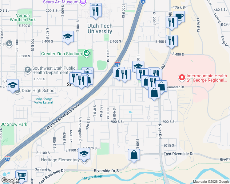 map of restaurants, bars, coffee shops, grocery stores, and more near 970 East 700 South in St. George