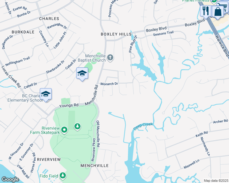 map of restaurants, bars, coffee shops, grocery stores, and more near 288 Adrienne Place in Newport News