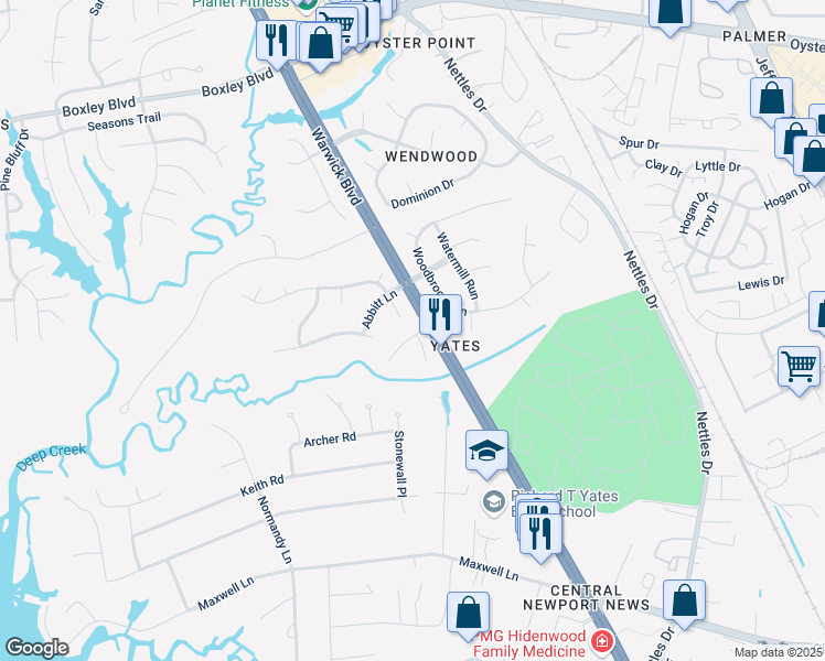 map of restaurants, bars, coffee shops, grocery stores, and more near 319 Charleston Way in Newport News