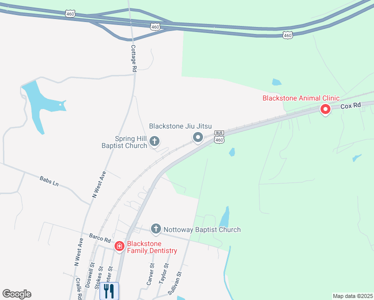 map of restaurants, bars, coffee shops, grocery stores, and more near 822-982 Cox Road in Blackstone