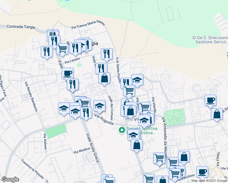 map of restaurants, bars, coffee shops, grocery stores, and more near 53 Viale dei Comuni in Siracusa