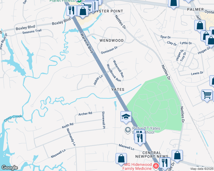 map of restaurants, bars, coffee shops, grocery stores, and more near 319 Charleston Way in Newport News