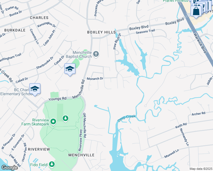 map of restaurants, bars, coffee shops, grocery stores, and more near 193 Lori Circle in Newport News
