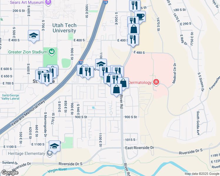 map of restaurants, bars, coffee shops, grocery stores, and more near 1156 East 700 South in St. George