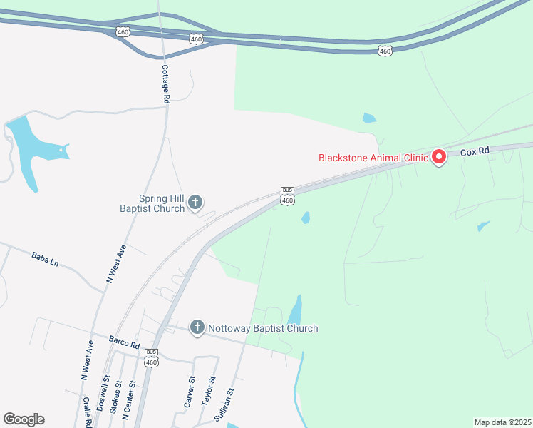 map of restaurants, bars, coffee shops, grocery stores, and more near 974 Cox Road in Blackstone