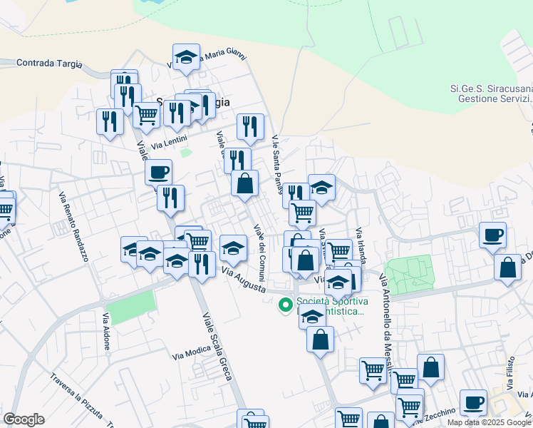 map of restaurants, bars, coffee shops, grocery stores, and more near Via Grammichele in Siracusa