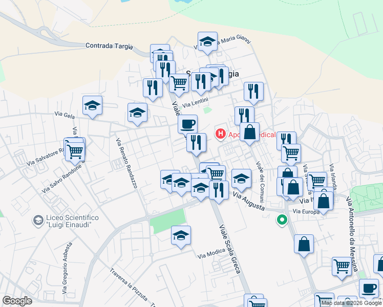 map of restaurants, bars, coffee shops, grocery stores, and more near 355 Viale Scala Greca in Siracusa