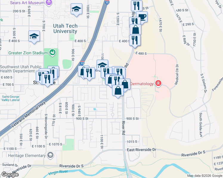 map of restaurants, bars, coffee shops, grocery stores, and more near 1156 East 700 South in Saint George