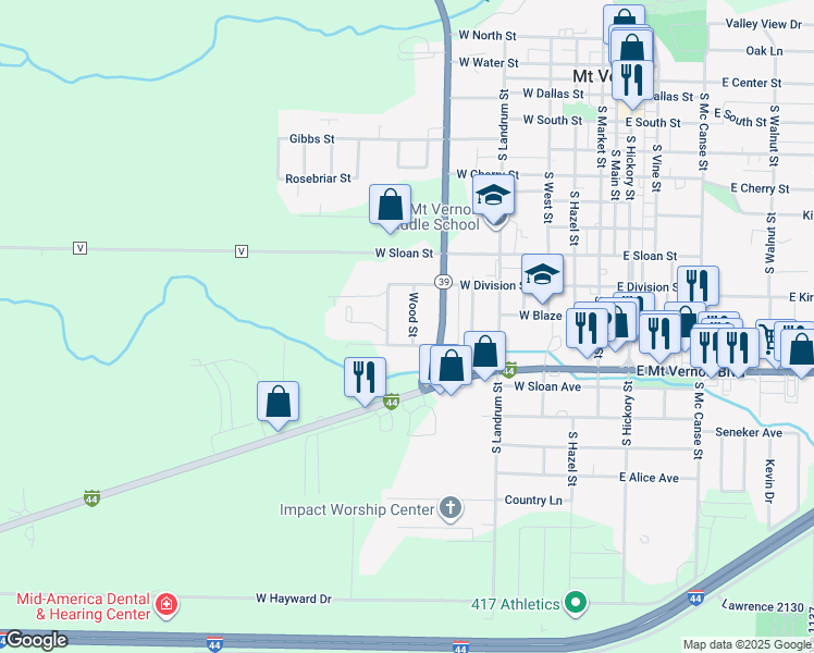 map of restaurants, bars, coffee shops, grocery stores, and more near 917 Wood Street in Mount Vernon