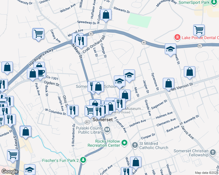 map of restaurants, bars, coffee shops, grocery stores, and more near 208 East Oak Street in Somerset