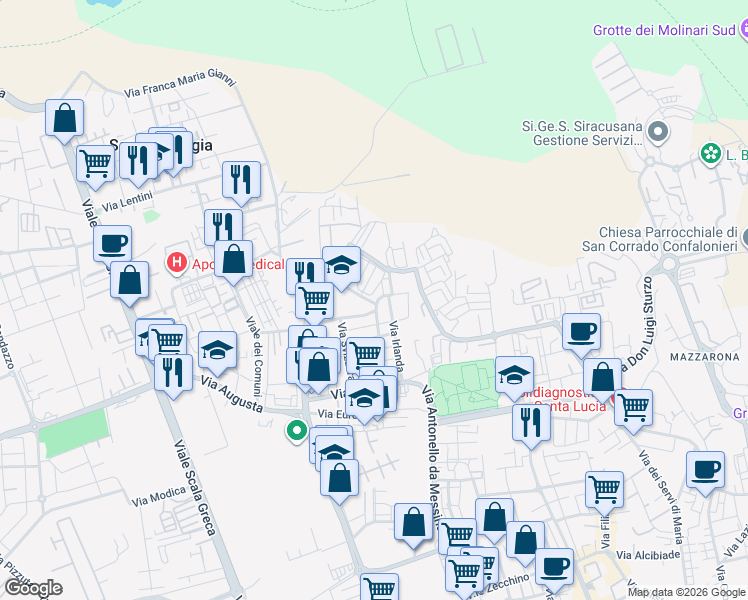 map of restaurants, bars, coffee shops, grocery stores, and more near Via Monsignor Giuseppe Caracciolo in Syracuse