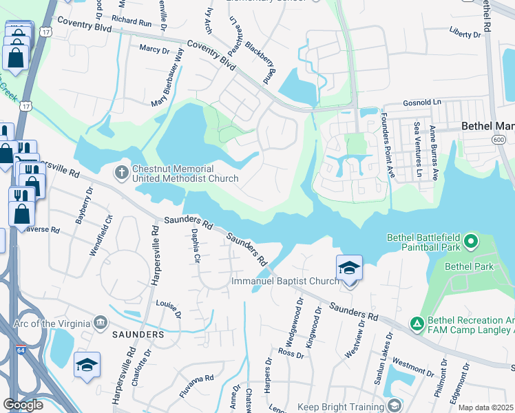 map of restaurants, bars, coffee shops, grocery stores, and more near 110 Lochmere Court in Yorktown