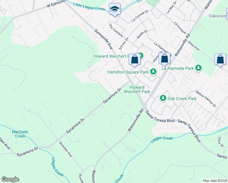 map of restaurants, bars, coffee shops, grocery stores, and more near 15365 Sycamore Drive in Morgan Hill