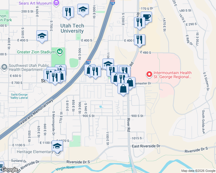 map of restaurants, bars, coffee shops, grocery stores, and more near 1090 East 700 South in St. George