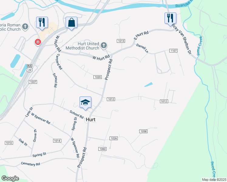 map of restaurants, bars, coffee shops, grocery stores, and more near 204 Prospect Road in Hurt