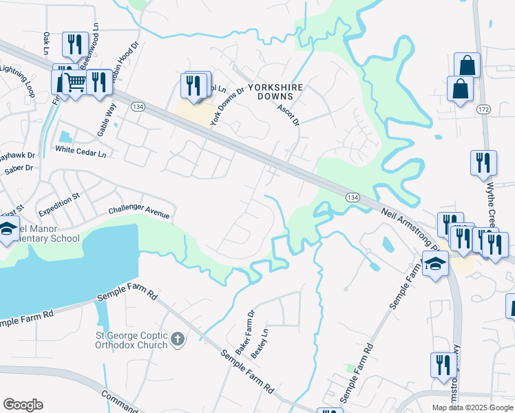 map of restaurants, bars, coffee shops, grocery stores, and more near 102 Cattail Lane in Yorktown