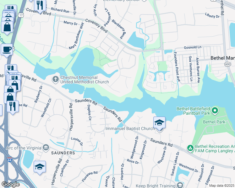 map of restaurants, bars, coffee shops, grocery stores, and more near 110 Lochmere Court in Yorktown