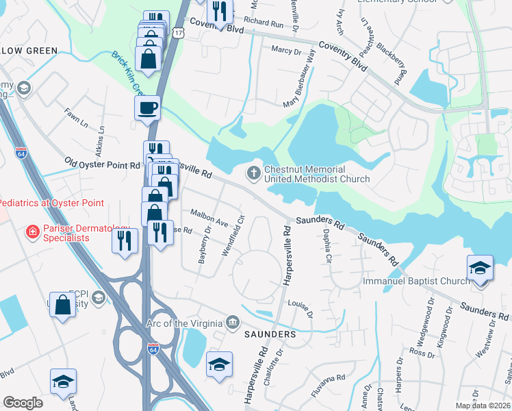 map of restaurants, bars, coffee shops, grocery stores, and more near 1013 Harpersville Road in Newport News