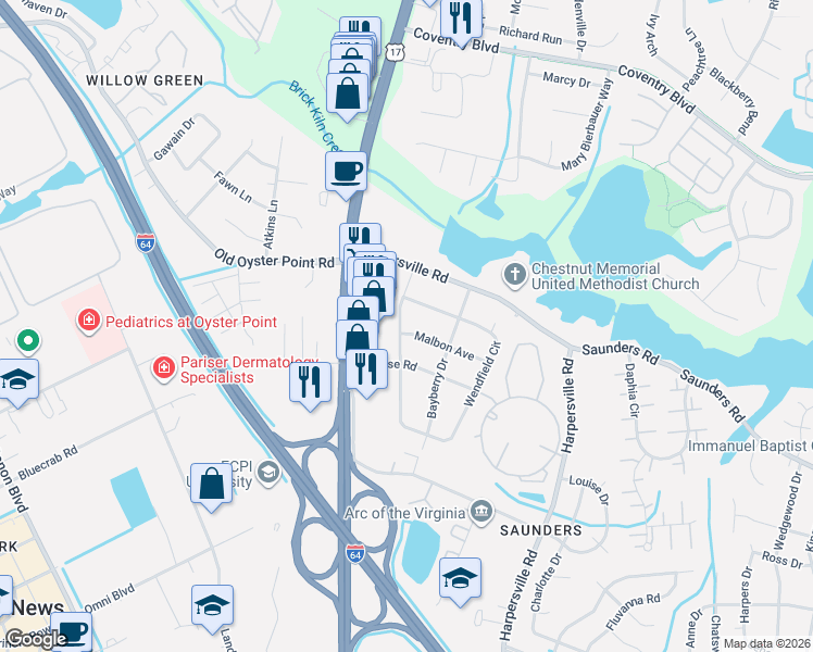 map of restaurants, bars, coffee shops, grocery stores, and more near 4 Wendfield Circle in Newport News