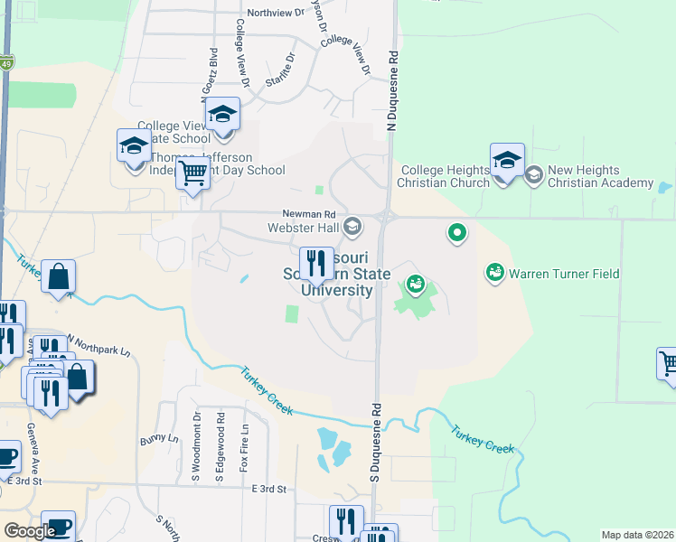 map of restaurants, bars, coffee shops, grocery stores, and more near 3950 Newman Road in Joplin