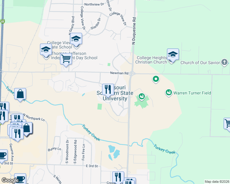 map of restaurants, bars, coffee shops, grocery stores, and more near 3950 Newman Road in Joplin