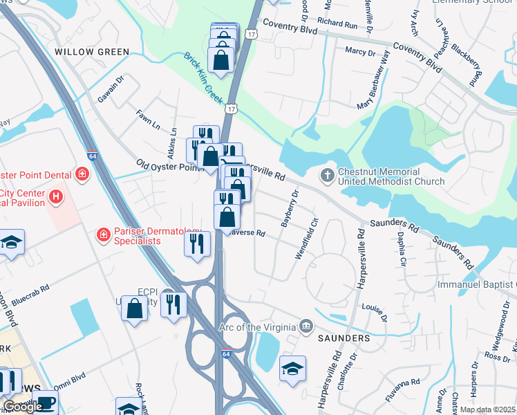 map of restaurants, bars, coffee shops, grocery stores, and more near 116 Wendfield Circle in Newport News