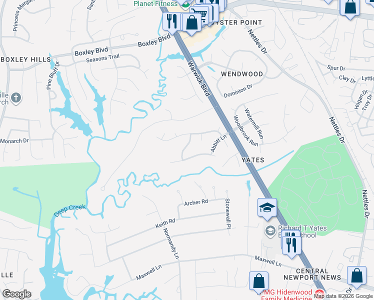 map of restaurants, bars, coffee shops, grocery stores, and more near 208 Chelmsford Way in Newport News