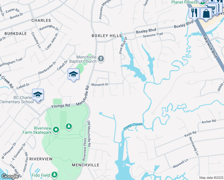 map of restaurants, bars, coffee shops, grocery stores, and more near 126 Monarch Drive in Newport News