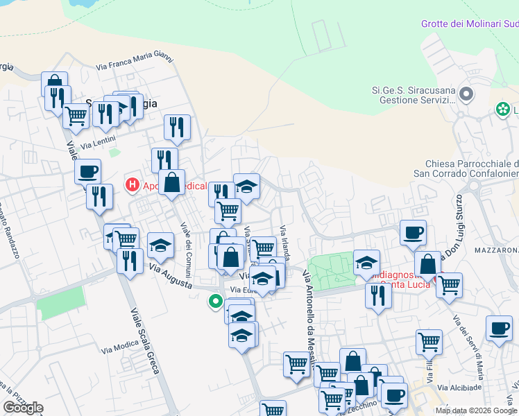 map of restaurants, bars, coffee shops, grocery stores, and more near Via Monsignor Giuseppe Caracciolo in Syracuse