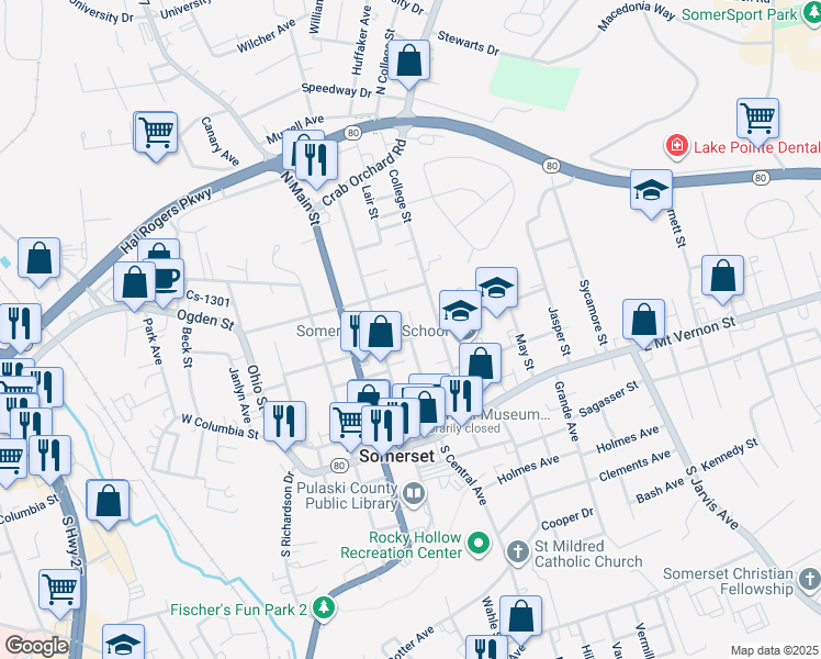 map of restaurants, bars, coffee shops, grocery stores, and more near 208 East Oak Street in Somerset