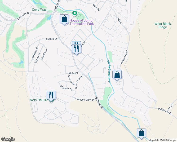 map of restaurants, bars, coffee shops, grocery stores, and more near 545 South Valley View Drive in St. George