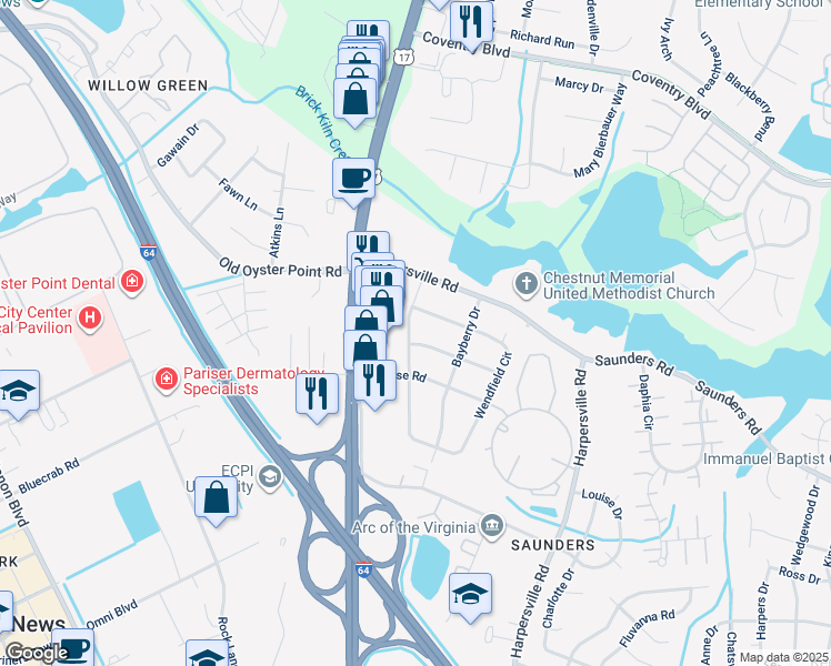 map of restaurants, bars, coffee shops, grocery stores, and more near 116 Wendfield Circle in Newport News