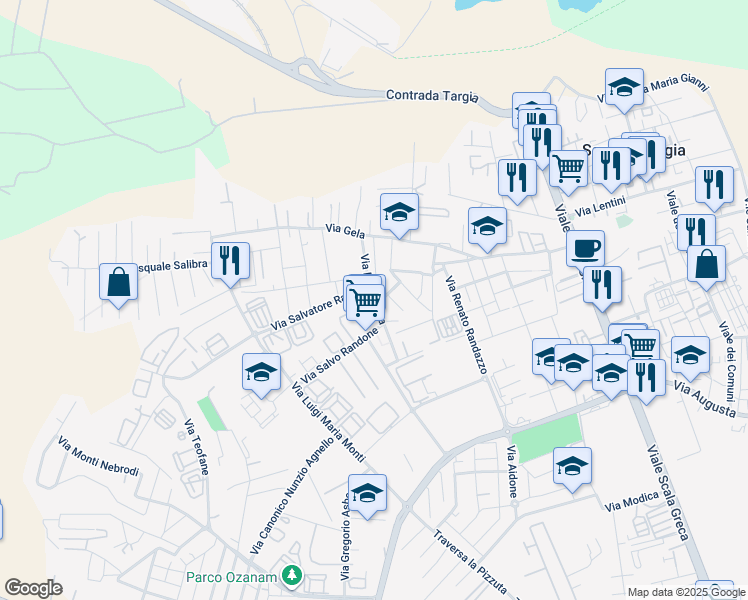 map of restaurants, bars, coffee shops, grocery stores, and more near 19 Via Aragona in Siracusa