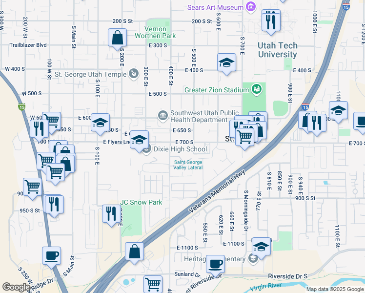 map of restaurants, bars, coffee shops, grocery stores, and more near 443 East 700 South in St. George