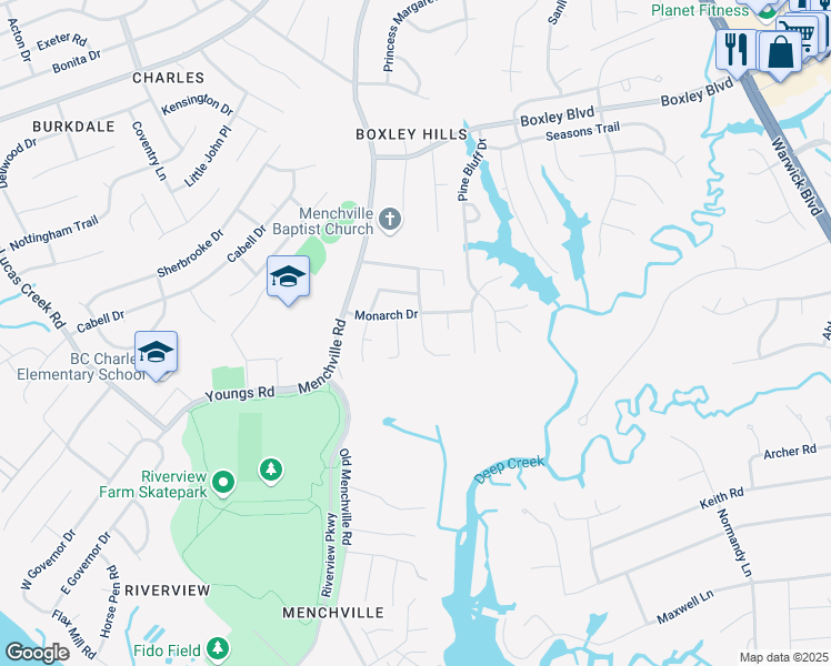 map of restaurants, bars, coffee shops, grocery stores, and more near 116 Monarch Drive in Newport News
