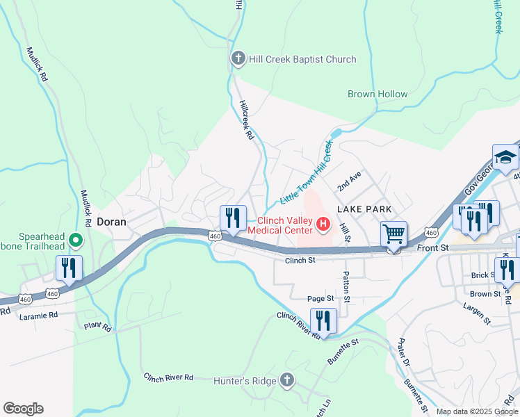 map of restaurants, bars, coffee shops, grocery stores, and more near 201 Hillcreek Road in Richlands