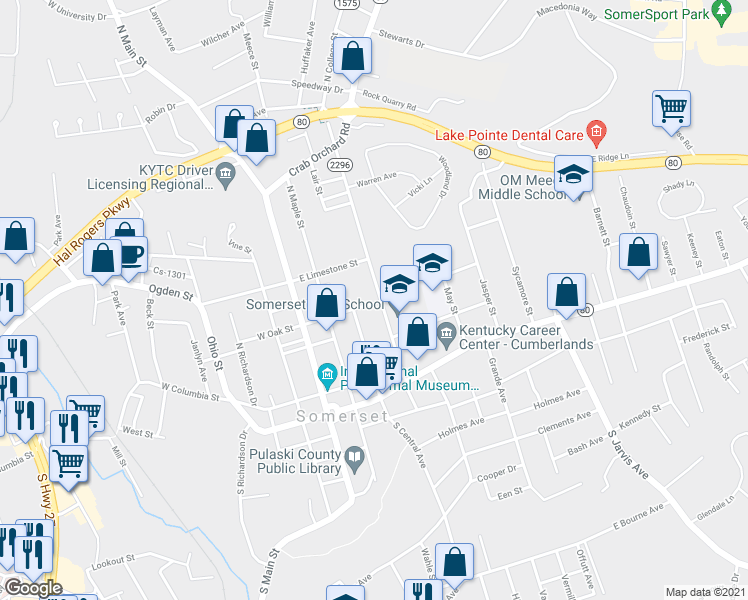 map of restaurants, bars, coffee shops, grocery stores, and more near 300 College Street in Somerset