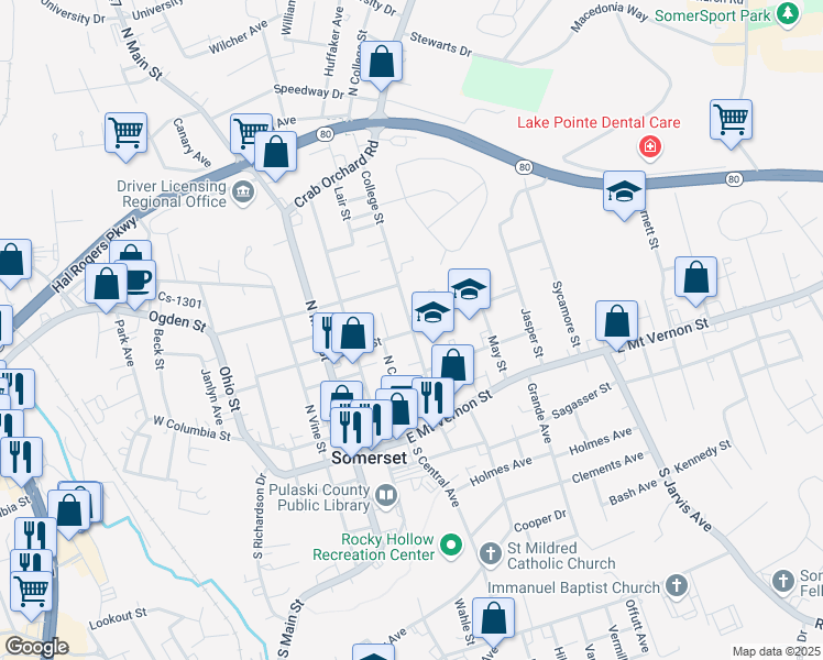 map of restaurants, bars, coffee shops, grocery stores, and more near 300 College Street in Somerset