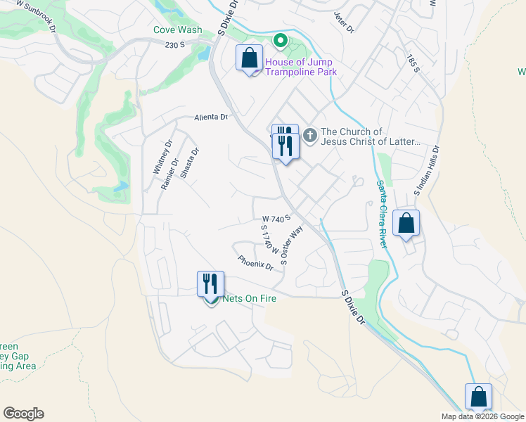 map of restaurants, bars, coffee shops, grocery stores, and more near 1733 680 South Street in St. George