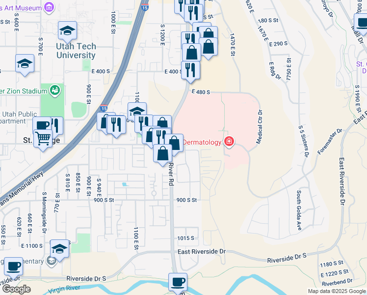 map of restaurants, bars, coffee shops, grocery stores, and more near 805 South River Road in St. George